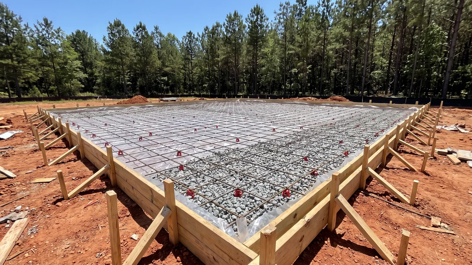 Formed garage slab with a compacted crushed-stone base, vapor barrier and tied rebar grid ready for the concrete pour on a residential lot in South Carolina