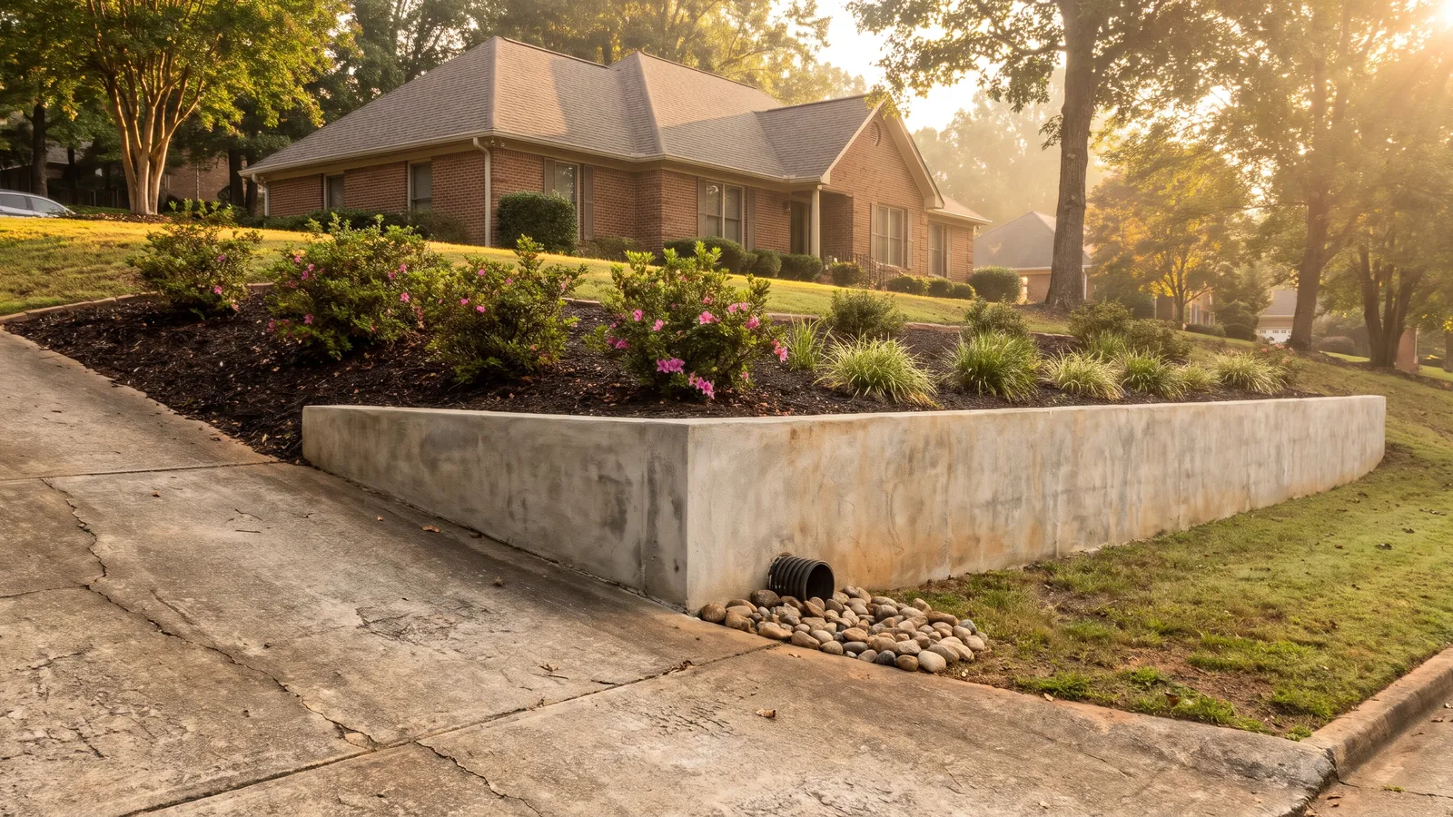 Poured concrete retaining wall holding back a graded slope beside a driveway on a hilly residential lot in Greer, South Carolina
